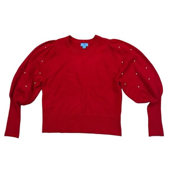 CeCe Women's Embellished-Sleeve Pearl Crewneck Sweater in Bright Cherry - Medium - Picture 3 of 8